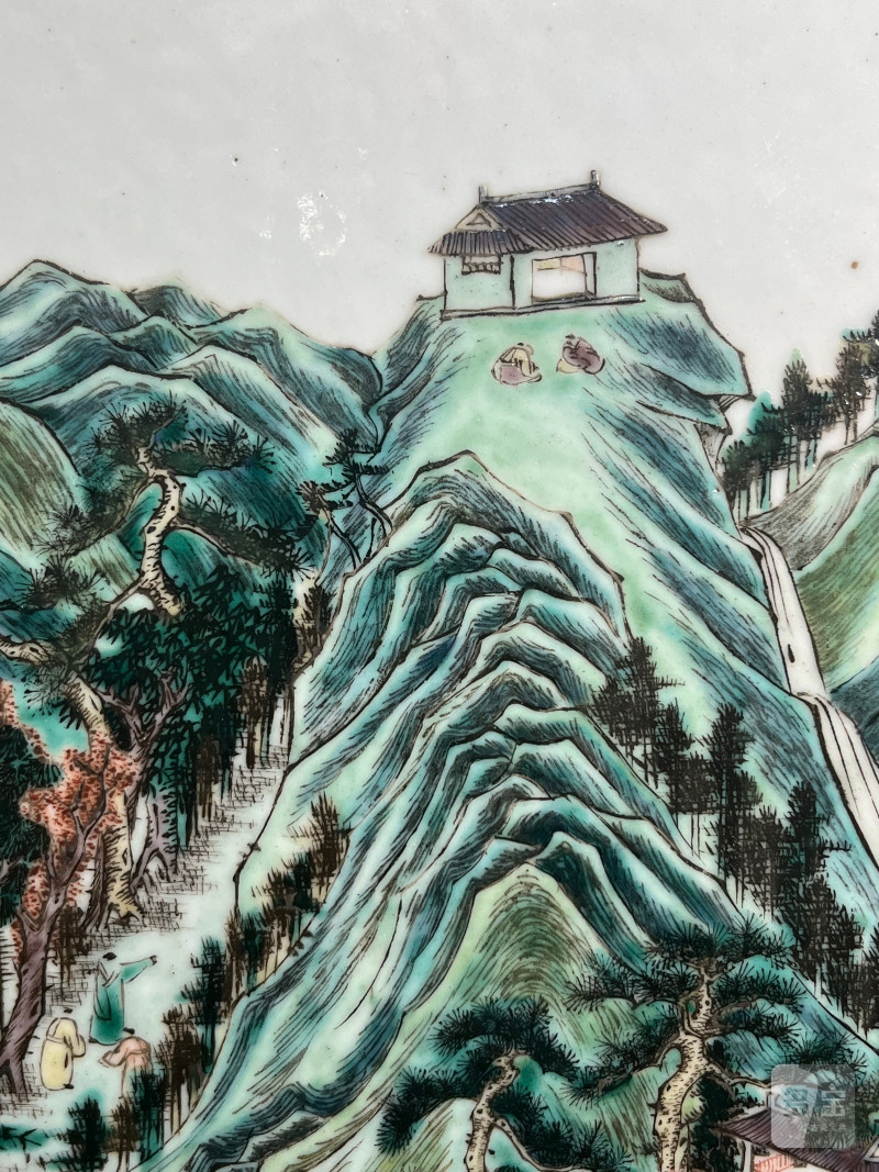 清咸丰  粉彩“白云望晚”山水人物诗文大瓷板 - 图11